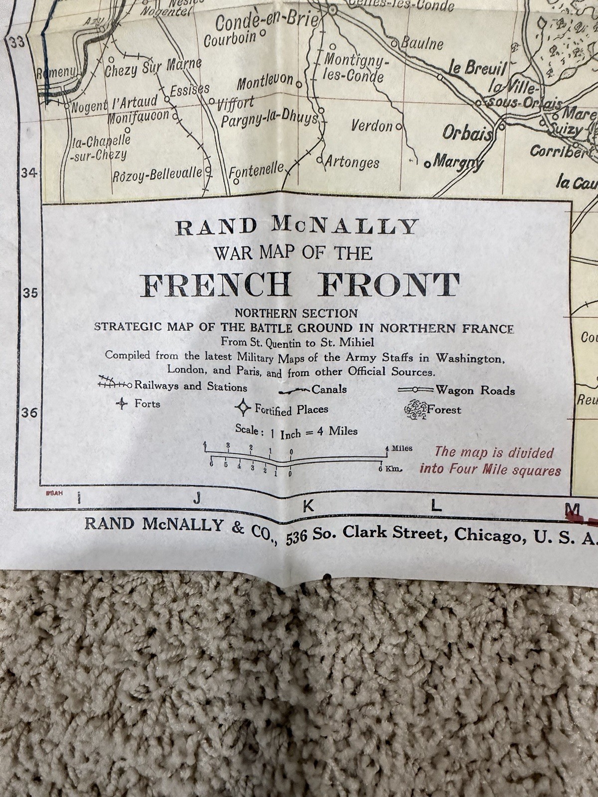 World War I Rand McNally War Map of French Front 1917 WWI EUC