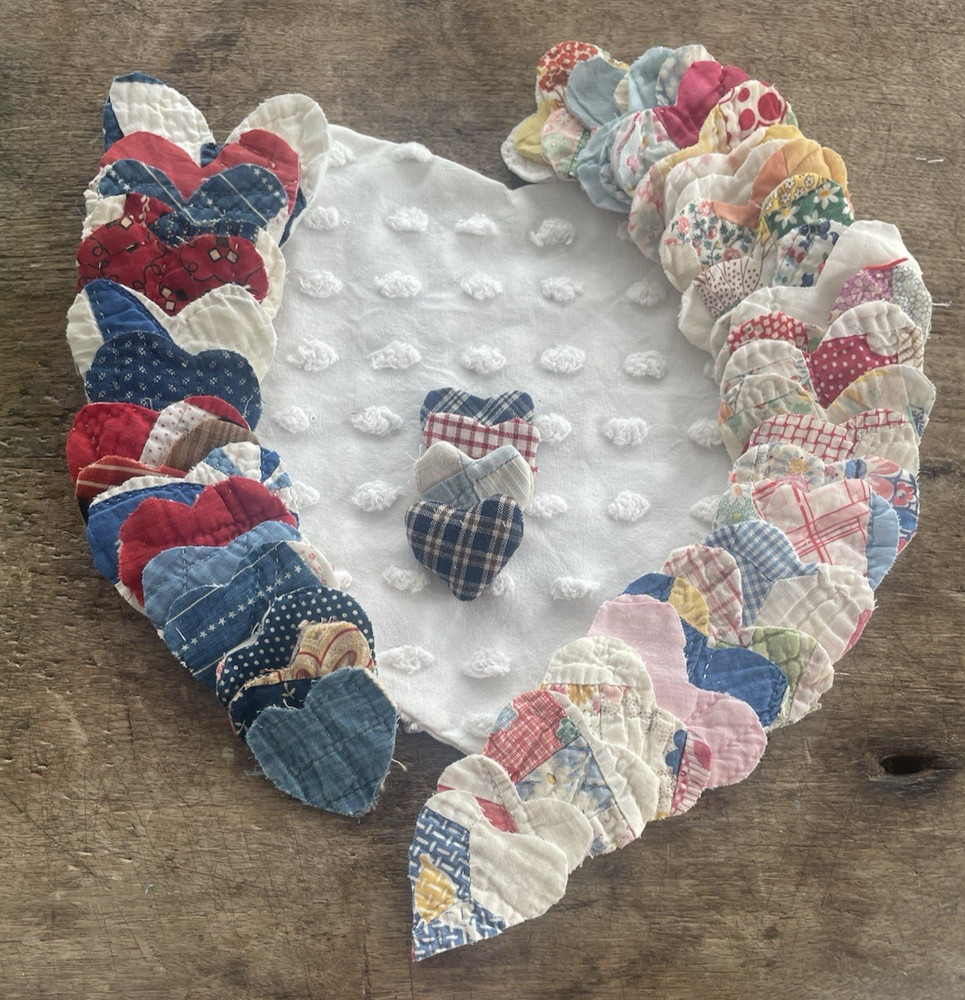 40 Quilted HEARTS various sizes and colors w/ chenille pillow & more