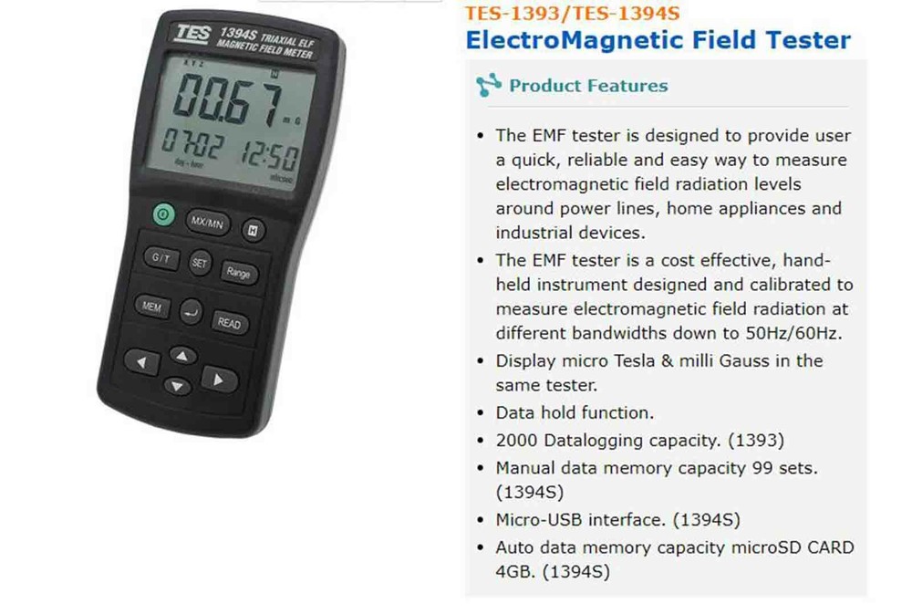 TES-1393 Triaxial Tester Electro Magnetic Field Meter Data Hold Function #