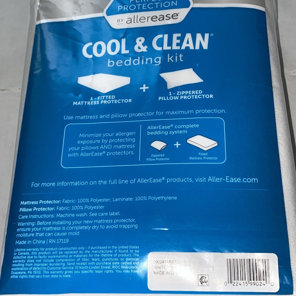 T/XL 2pc Perfect Protection Cool & Clean Bedding Kit Allerease NEW