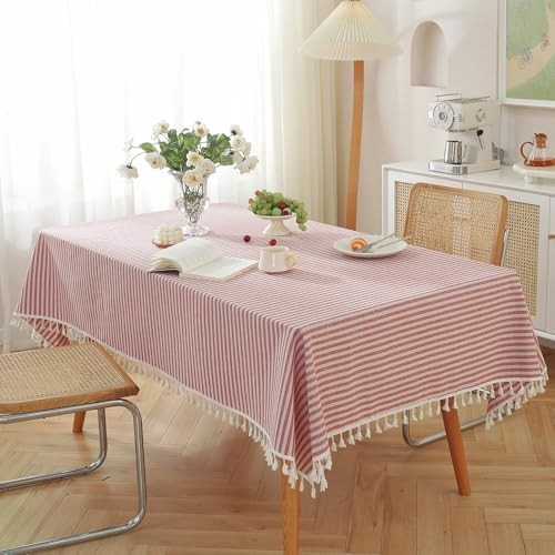 Tablecloth Striped Fringe Table Cloth Rectangular 102" x 55" (Rectangular) Red