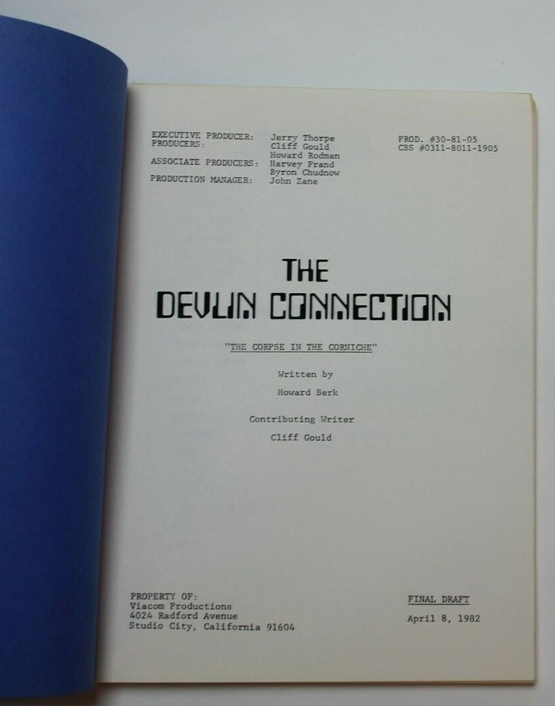 THE DEVLIN CONNECTION / Howard Berk, 1985 TV Script "The Corpse in the Corniche"