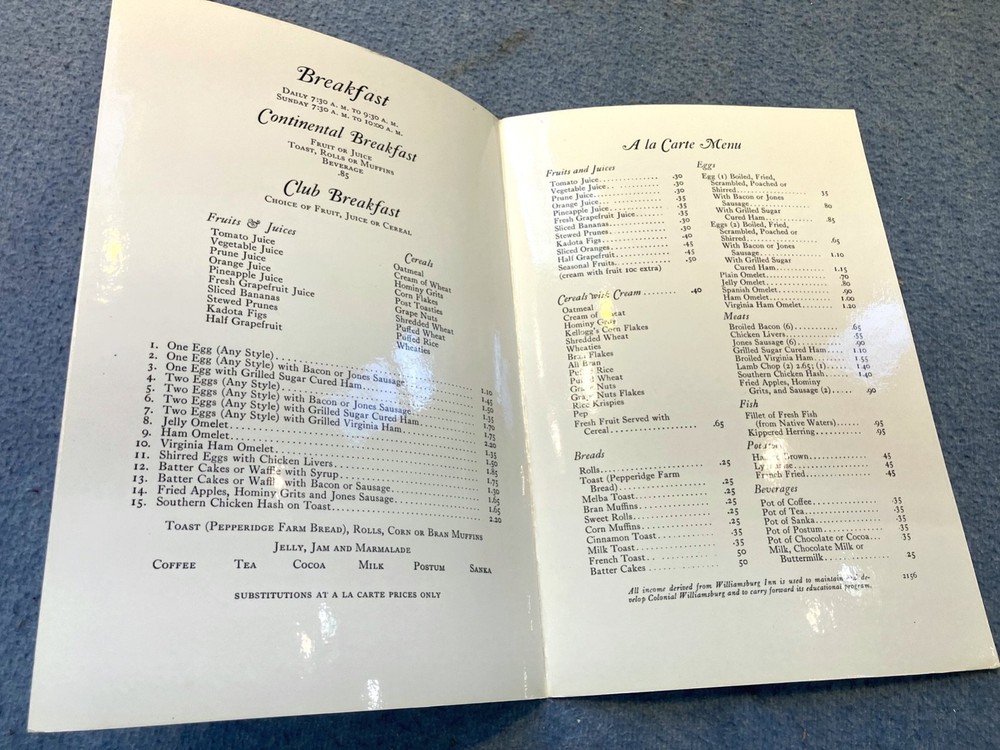 Menu Williamsburg Inn, Williamsburg Virginia