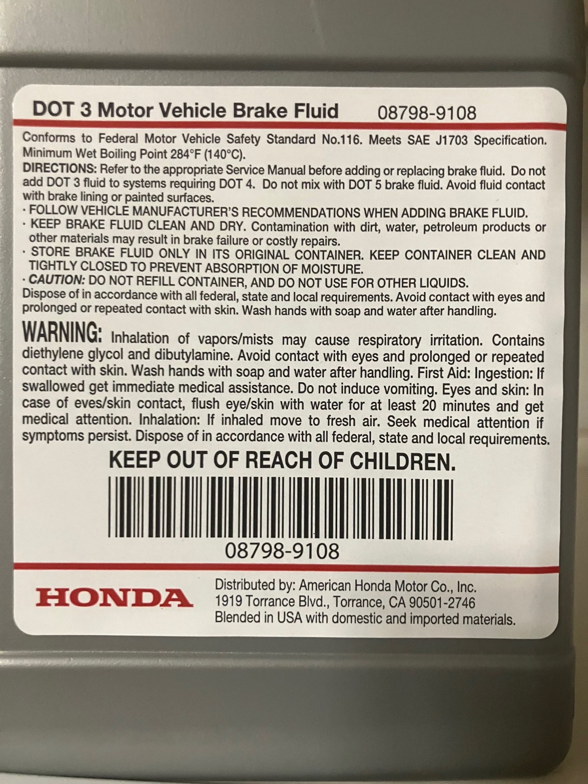 1 QT Honda Brake Fluid - 1 Quart Bottle - DOT 3 Brake 08798-9108