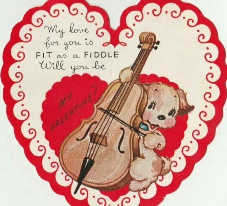 1940s Anthropomorphized Puppy Cello String Vertical Single Fold Valentine Card
