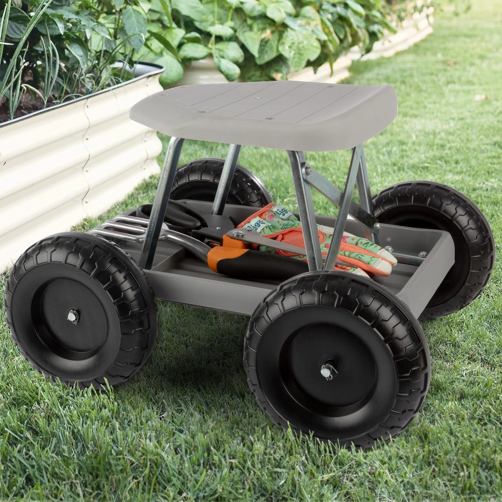 Pure Garden Gardening Stool - Rolling Garden Seat with Tray (Gray)