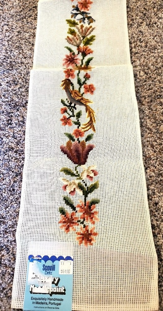 Vtg Preworked Petit Point Needlepoint Bell Pull/Table Runner Canvas; 65" LONG!