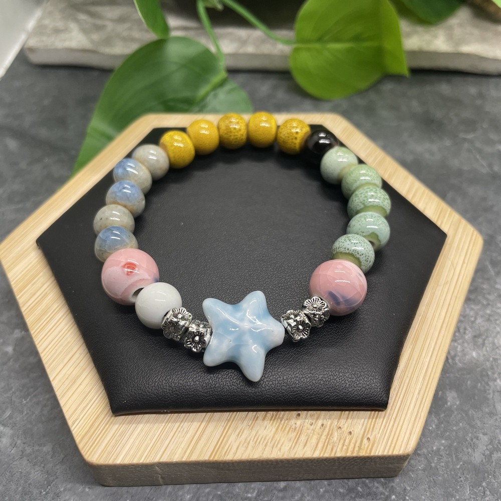 Handmade Ceramic Bead Beaded Stackable 6.5” Plus Stretch Bracelet New B468