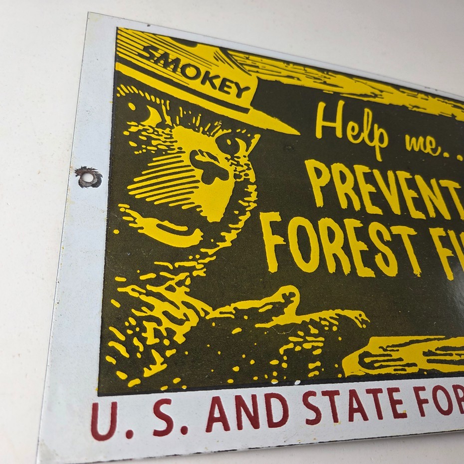Vintage USA Forest Service Sign - Smokey the Bear Hiking Gas Porcelain Sign