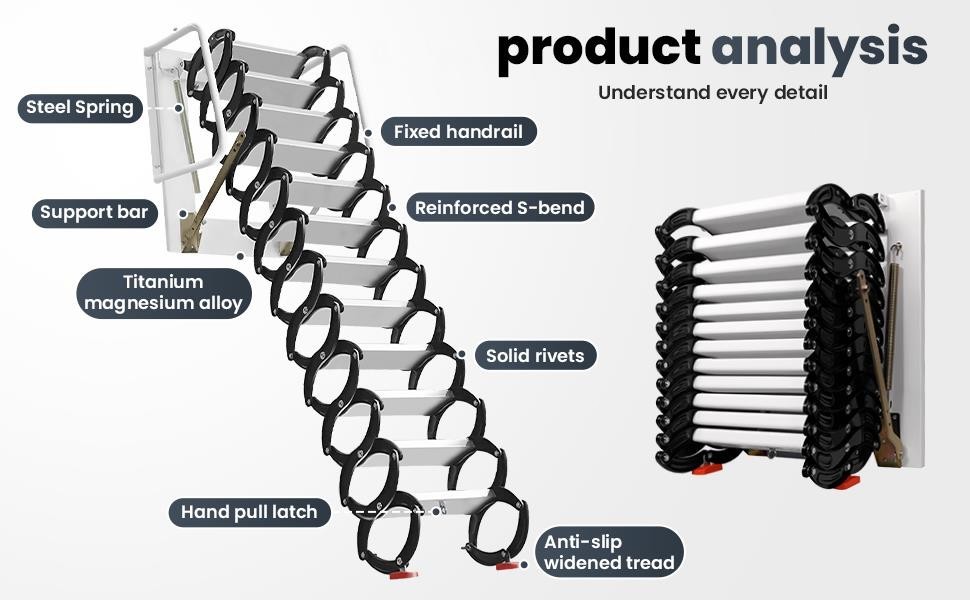 12-Step Al-Mg AlloyWall Mounted Attic Ladder 1102LBS Pull Down Step Ladder