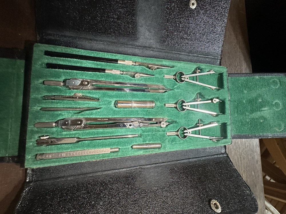 Vintage W Germany Complete kit! large Engineer Drafting Compass Set w/ Case