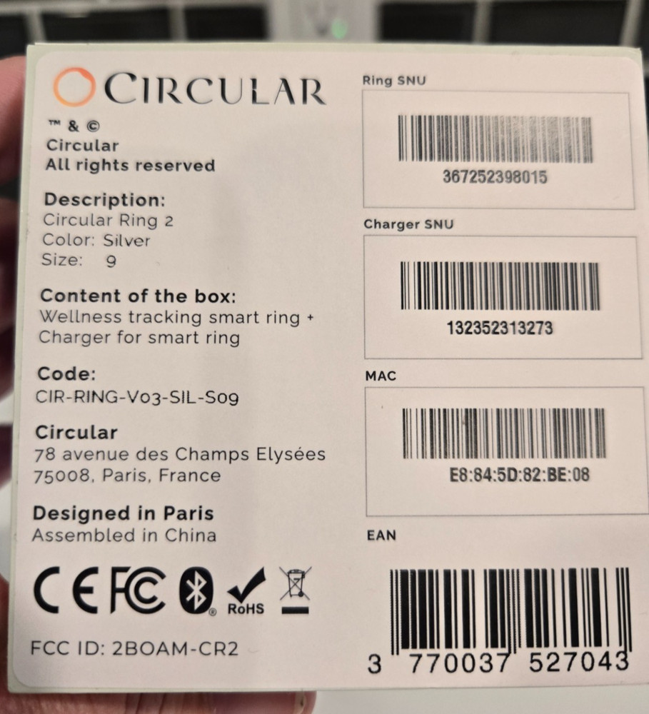 Circular ring 2 smart ring, Silver, size 9, Retails $449, all packaging included