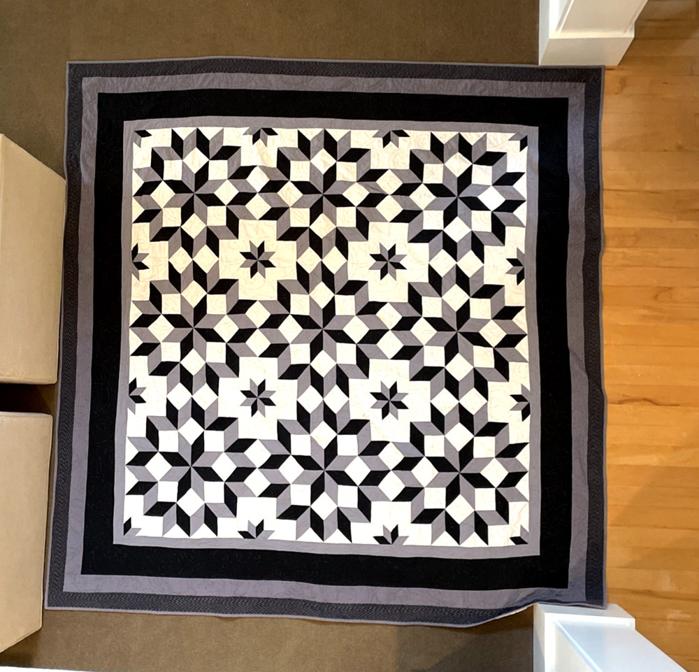 Handmade Patchwork Quilt Queen Size Carpenters Wheel Black and White