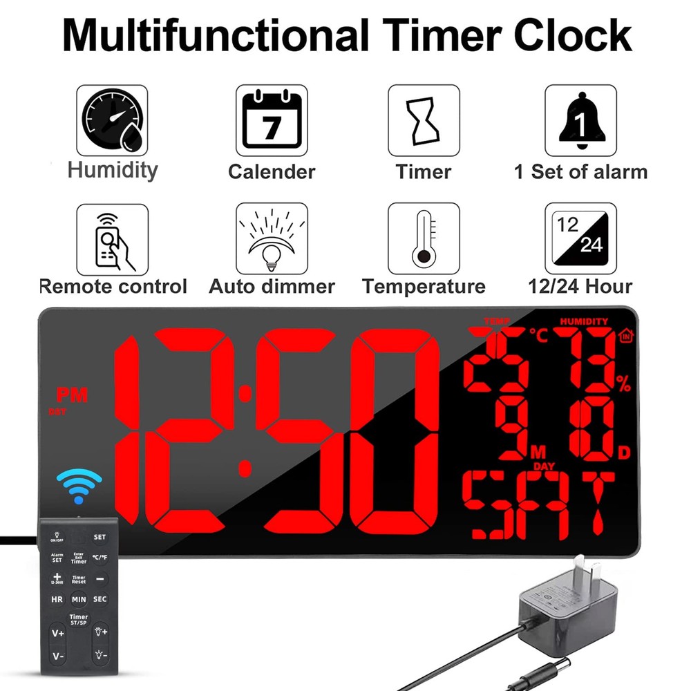 [Oversized] 18" Large Digital Wall Clock with Remote Control, Auto-Dimming Di...