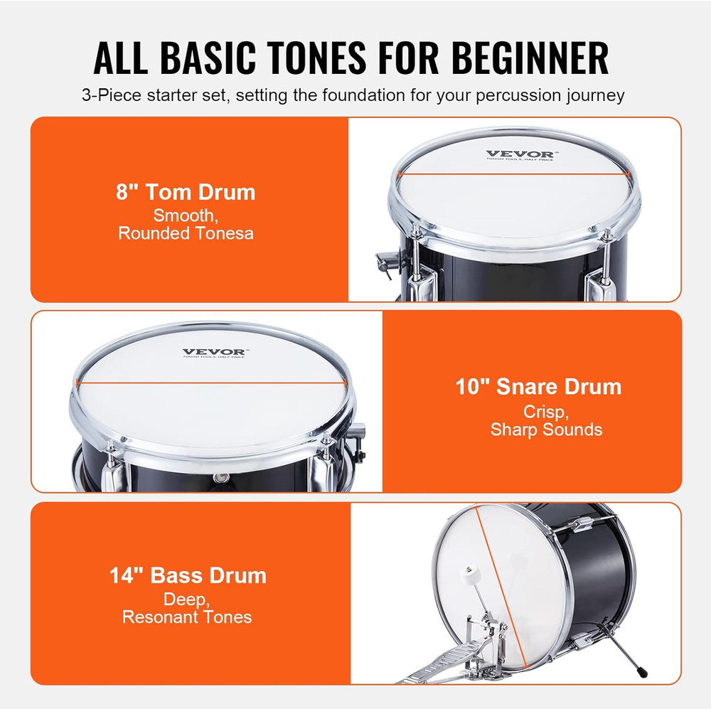 Kids Drum Set, 14 in 3-Piece Beginner Drum Sets Junior Drums Set with Adjustable