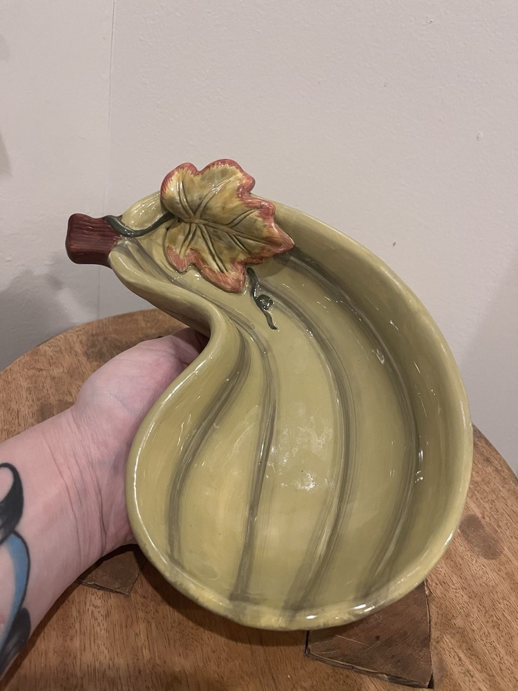 Fall Harvest Squash Serving Dish Leaf 8” Ceramic Relish Bowl Appetizer Dip