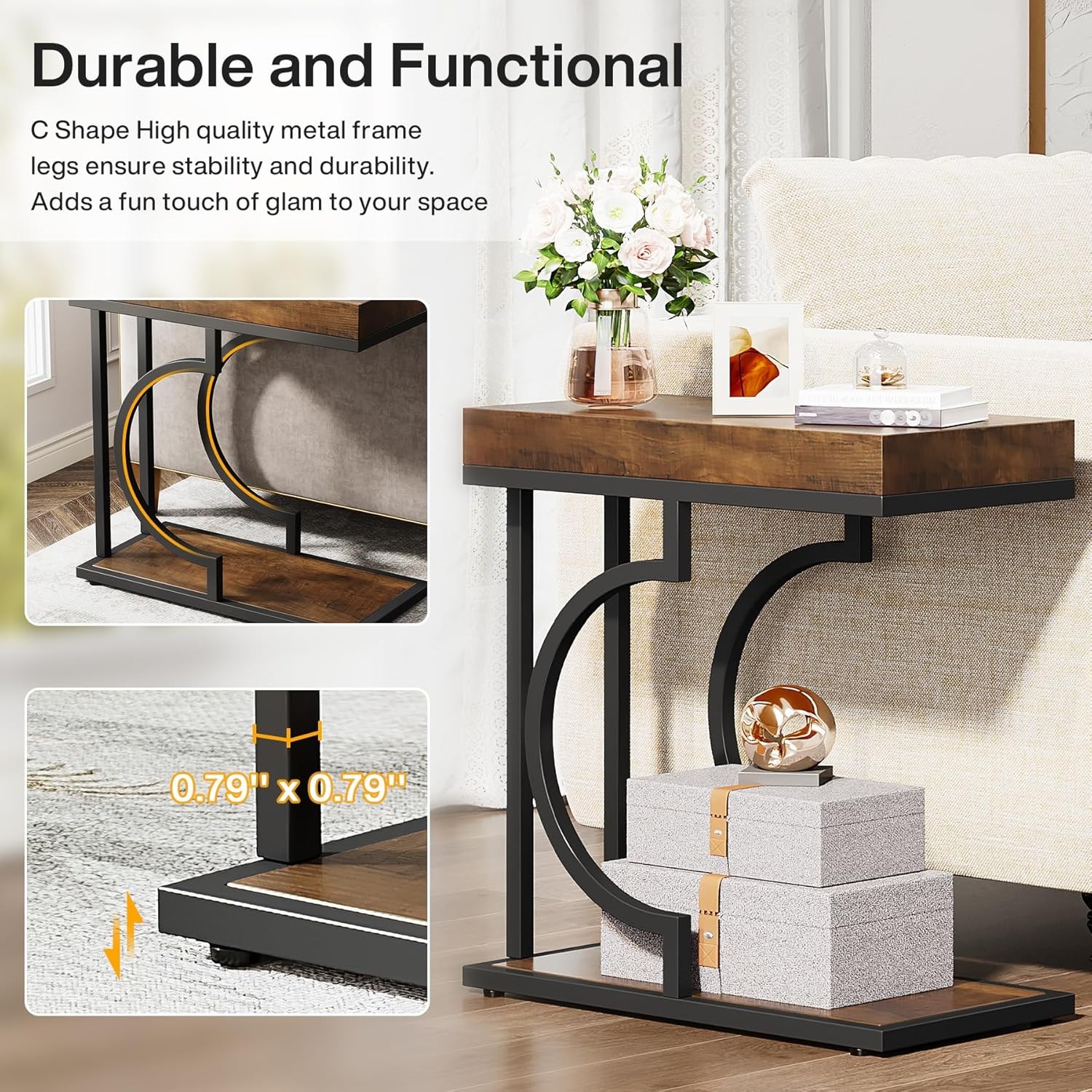 C Shaped End Table, Modern Narrow Side Table with Metal Frame for Living Room