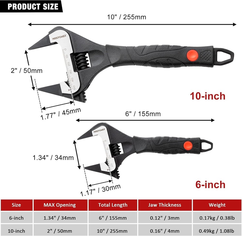Expert-Grade Adjustable Wrench Set - 6" & 10" with Soft Grip for Precision