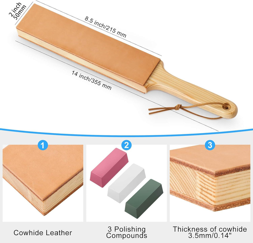 Double Side Leather Strop for Knife Sharpening - 14"X 2" Stropping Block Kit wit