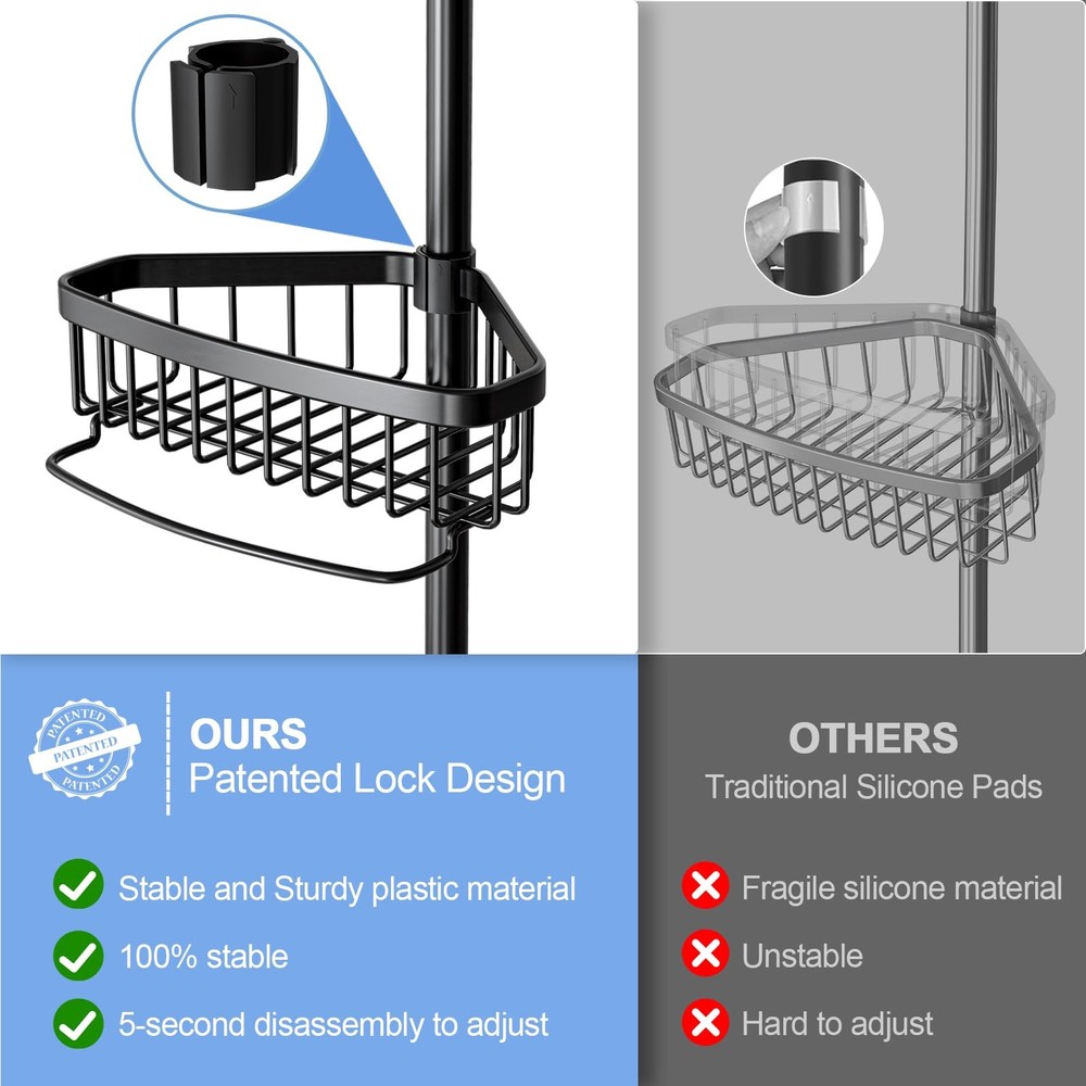 Corner Shower Caddy Tension Pole: Adjustable Rustproof 4-Tier Inside Black