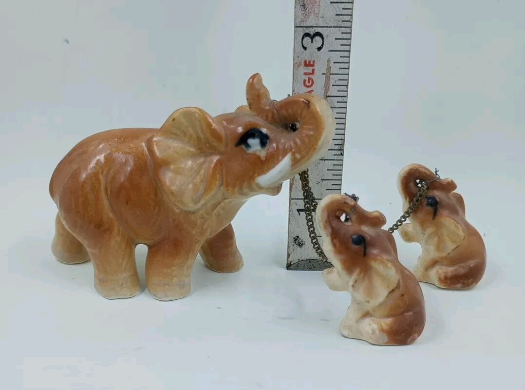 Vintage ELEPHANT FIGURINES Mom With 2 Babies on Chains Ceramic Collectible Japan