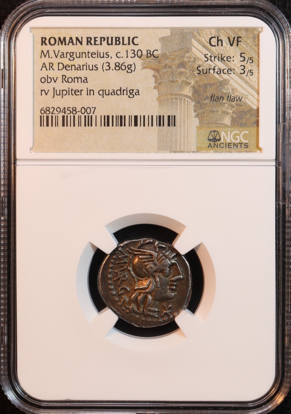 Roman Republic Vargunteius Denarius (130 BC) - NGC Ch. VF! Exquisite 5/5 Strike!