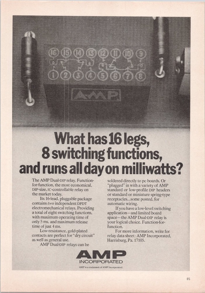AMP Incorporated 1974 Print Ad Dual-DIP Relay 16-Lead Electrical Component