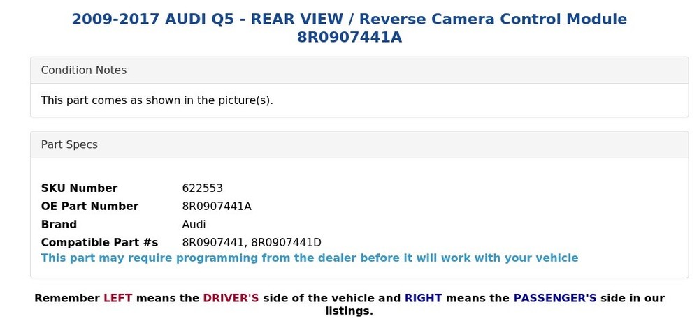 2009-2017 AUDI Q5 - REAR VIEW / Reverse Camera Control Module 8R0907441A