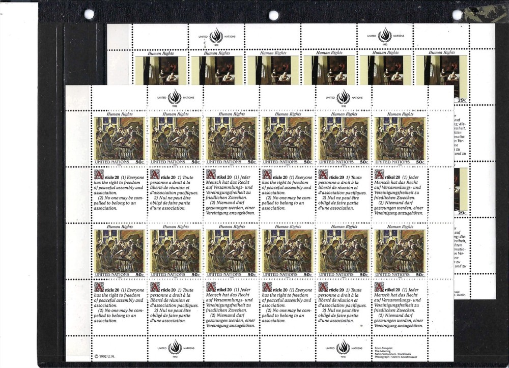 1992 HUMAN RIGHTS (2 Full Sheets) - New York Office - Mint Never Hinged