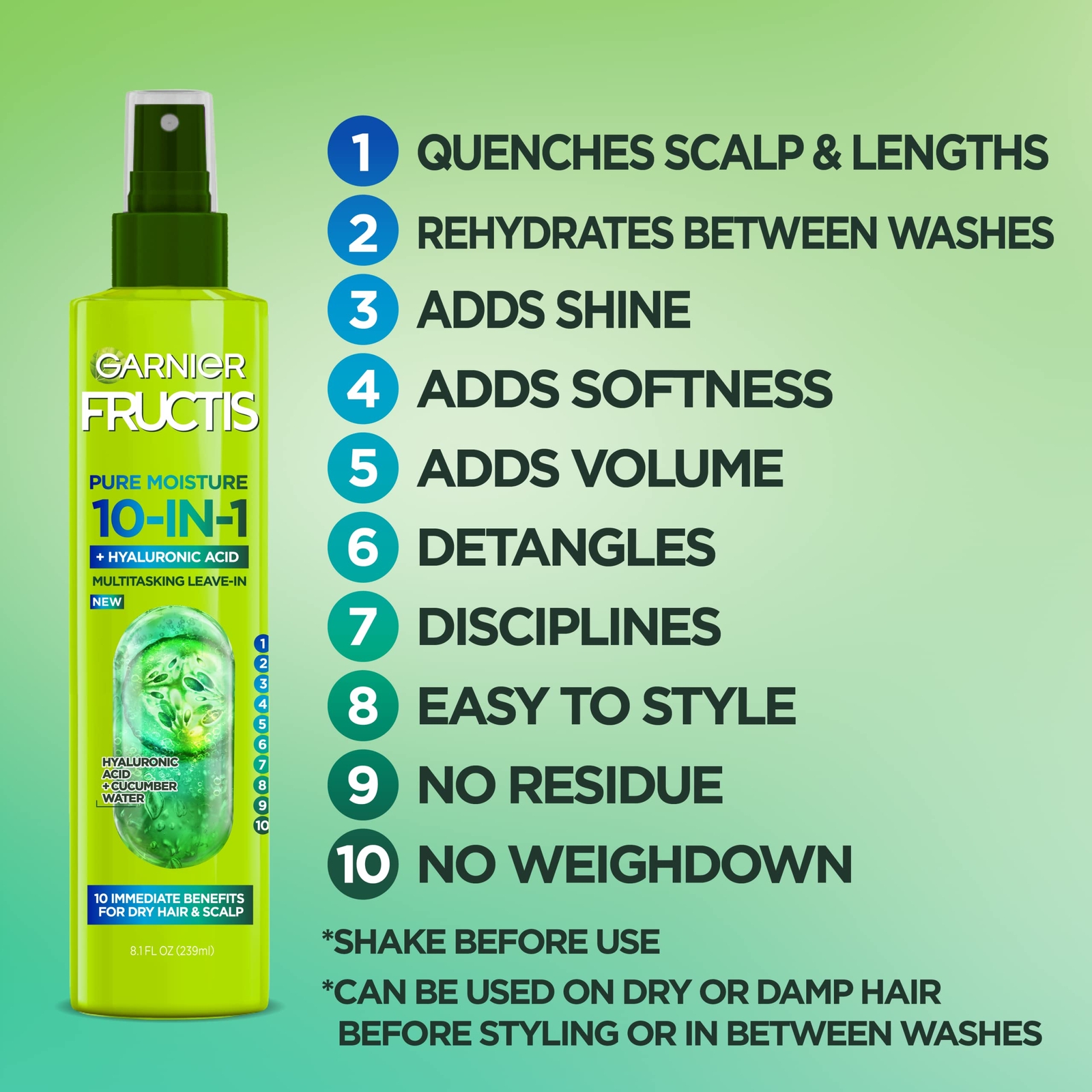 Garnier Fructis Pure Moisture 10-in-1 Spray for Dry Hair and Scalp, Hyaluronic