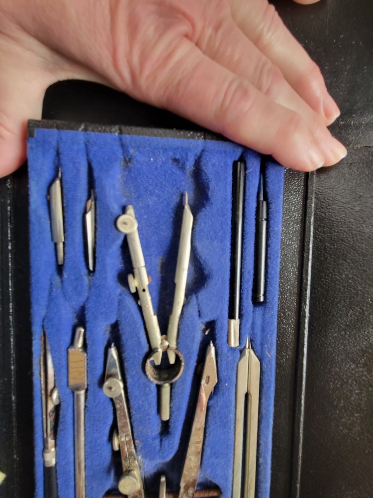 Vintage Drafting Compass Set Drawing Tools Blue Felt Case Engineering Architect