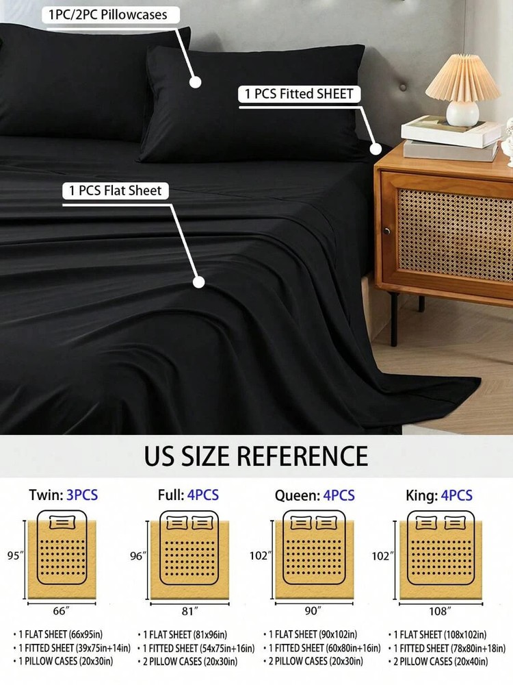 3/4 Piece Bed Sheet Soft Cooling Comfortable Breathable Bedding, Black