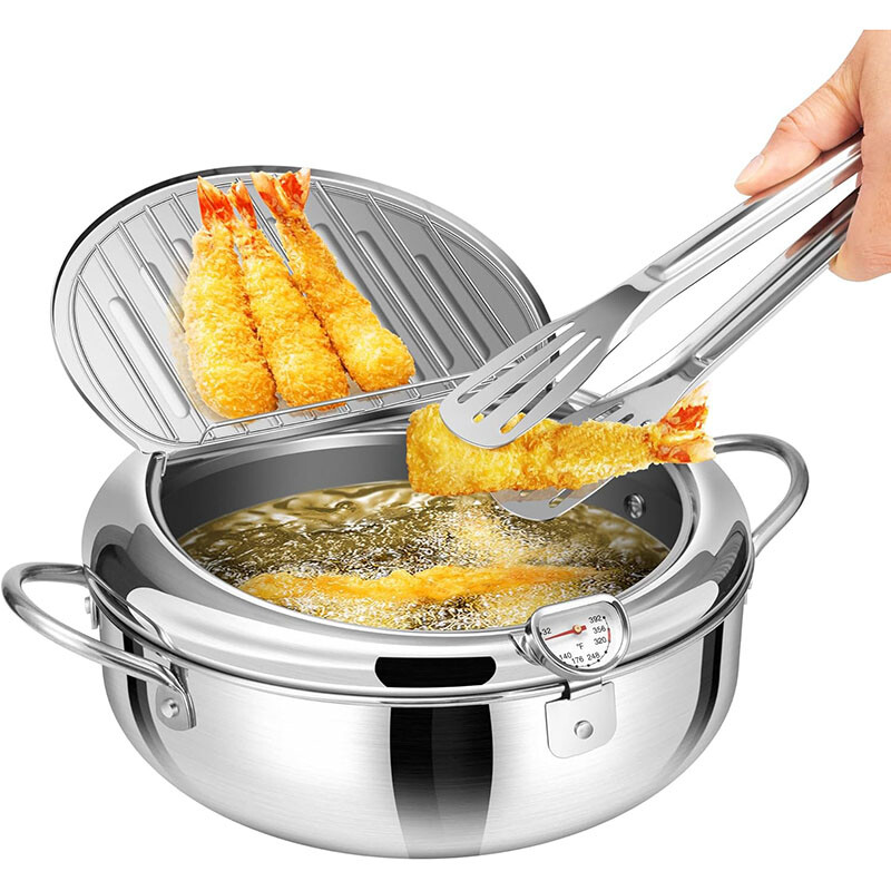 Japanese Style Deep Fryer Pot Stainless Steel with Tong Thermometer Oil Drainer