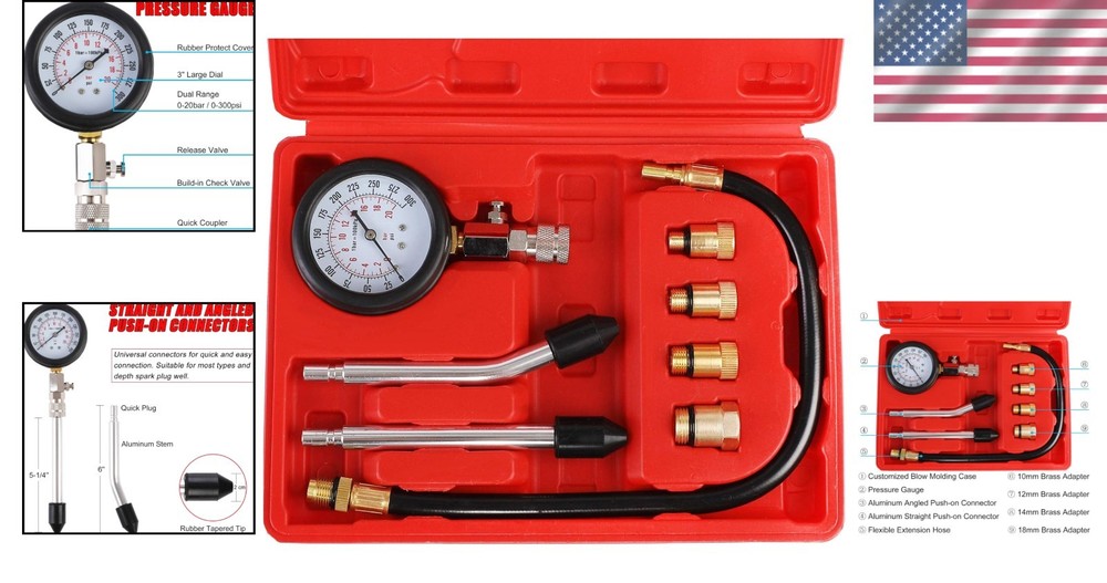 Precision Engine Compression Tester Kit with Flexible Hose & Adapters, 300 PSI