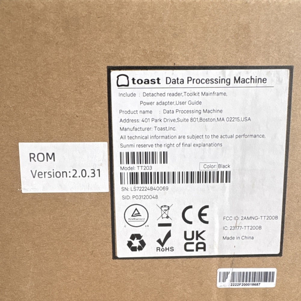 Toast TT203 Data Processing Machine Restaurant POS System ROM Version 2.0.31