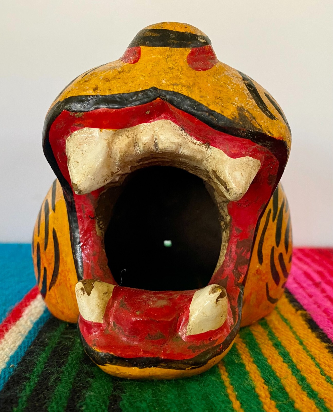 Mexican Folk Art Carved Wood Jaguar Leopard Cat Head Lion Face Mask Guerrero 5"