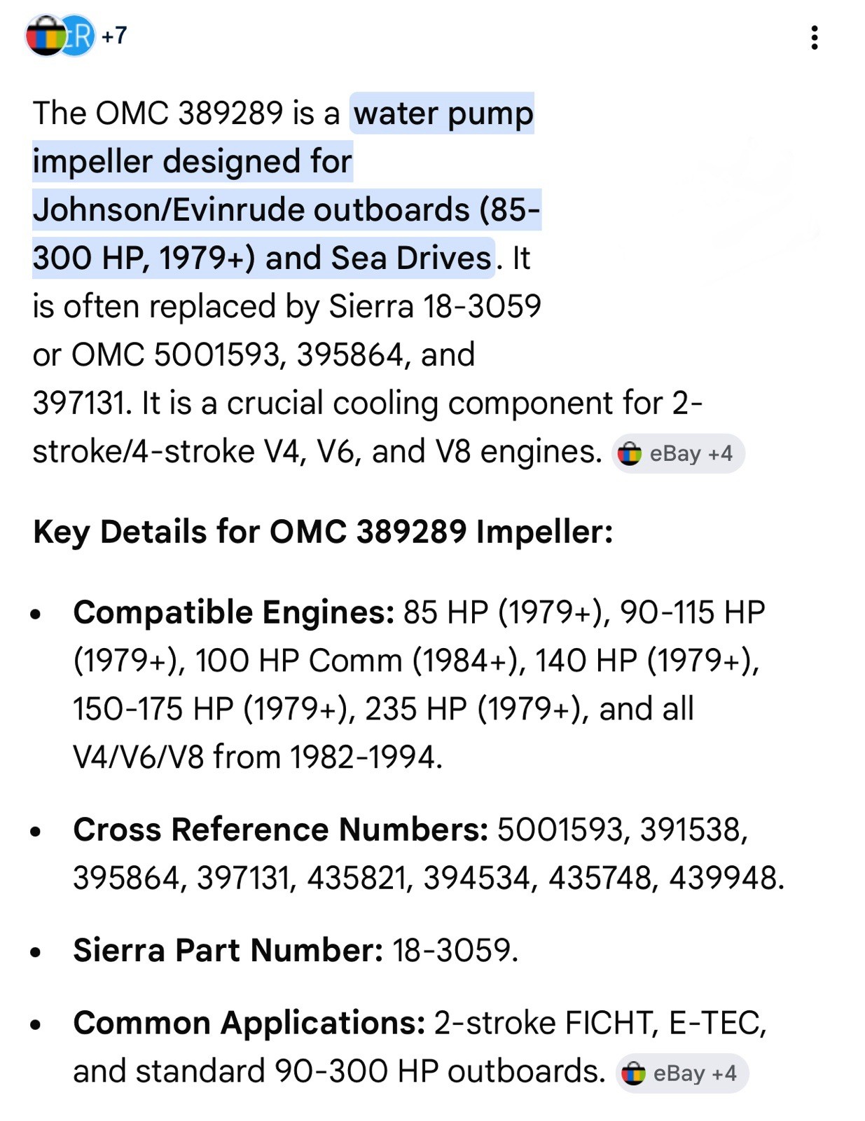 OMC 389289 Impeller for Water Pump Fits Johnson Evinrude Outboard Motor NOS OEM