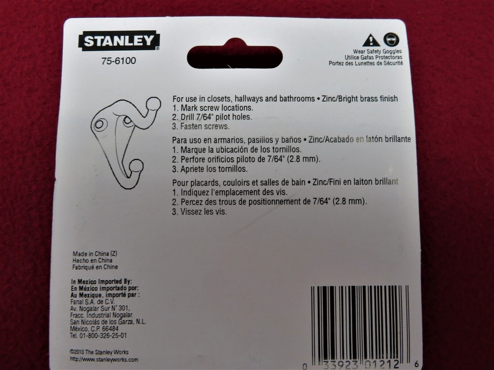 6 pc Stanley Coat & Hat Hook Bright Brass