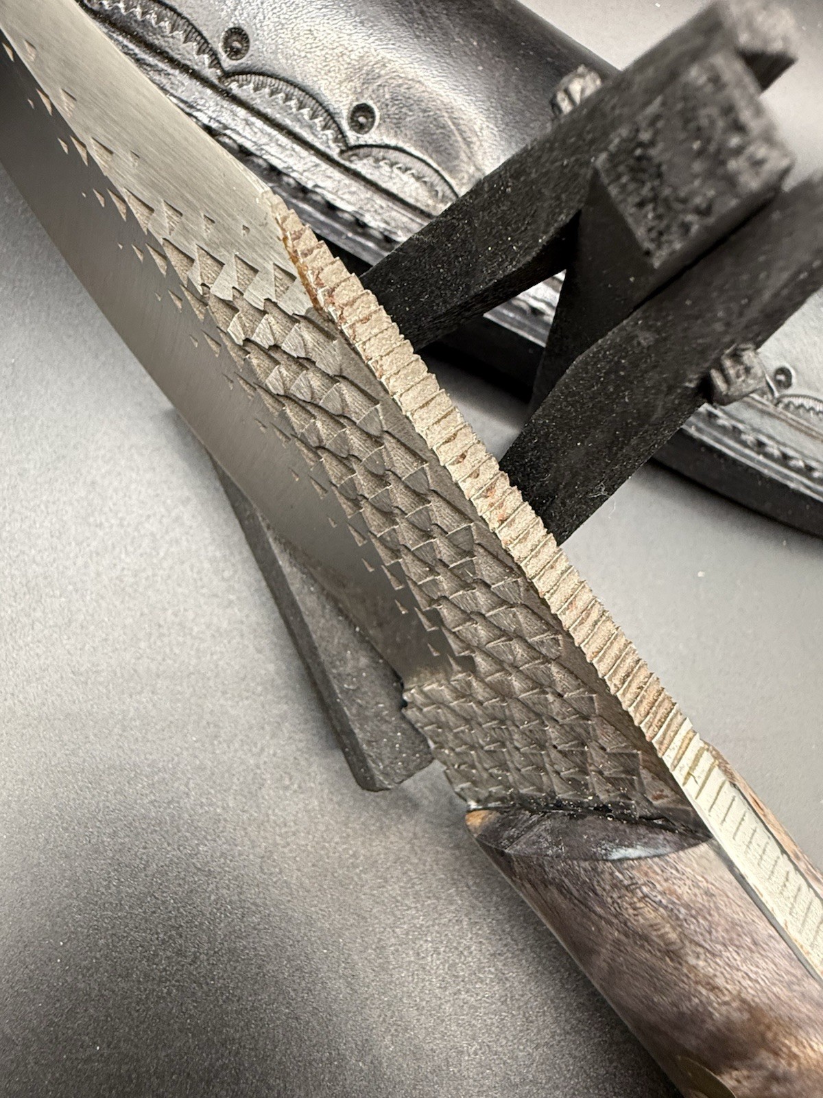 Wilson Custom File/Rasp Knife With Leather Sheath Full Tang With Burl Handle