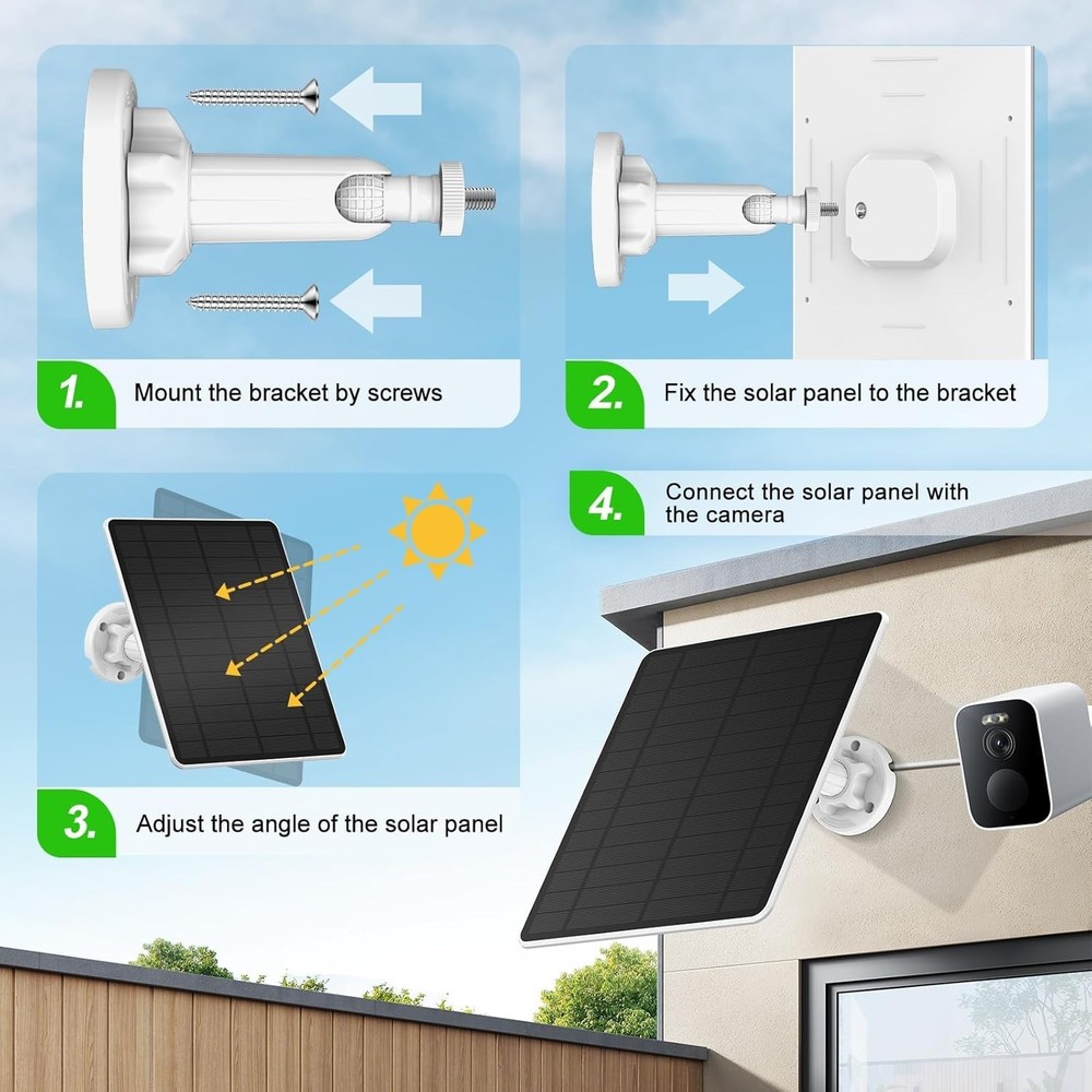 Solar Panel Charger for Security Camera, Type-C Plug, 9.8Ft Long Cable, Water