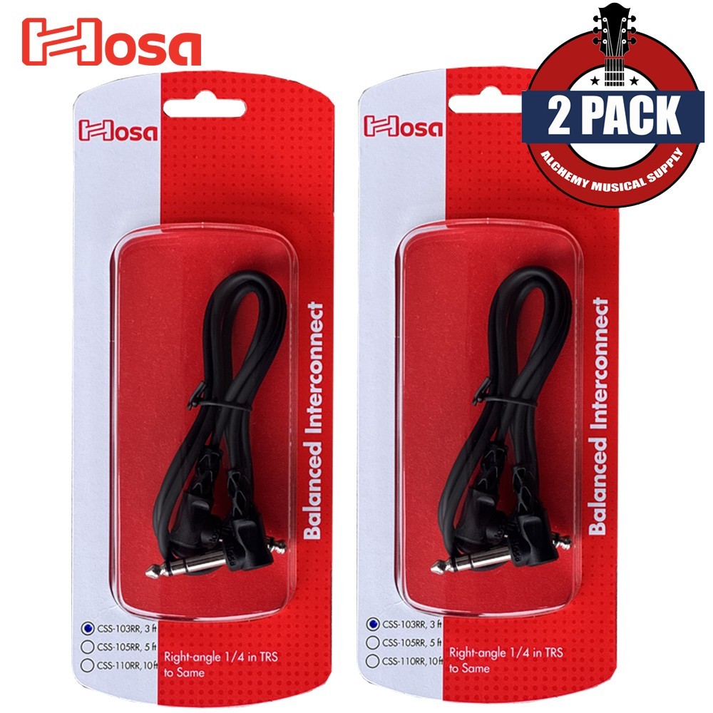 2-PACK Hosa CSS-103RR 3FT Right Angle 1/4" TRS Balanced Interconnect Cable
