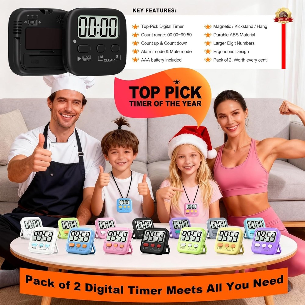 2 Pack Digital Timer for Kids, Magnetic Countdown Kitchen Timers for Cooking,...