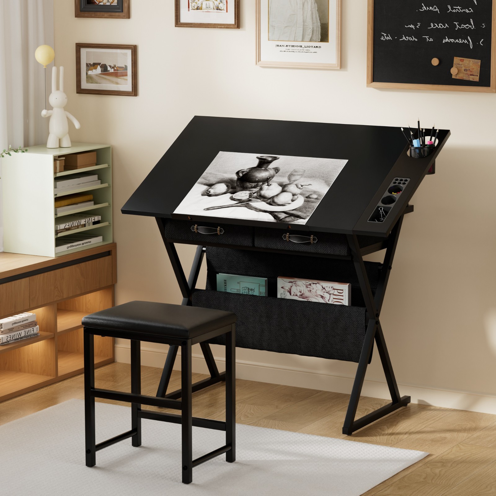 Vecelo Drafting Table Art Desk Art Table Adjustable Drawing Table w/Drawer Stool