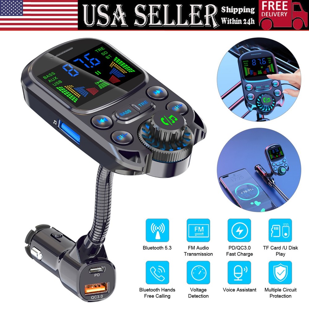 Bluetooth 5.3 FM Transmitter LCD SCREEN, MP3, Faster charger, Hands-free Siri