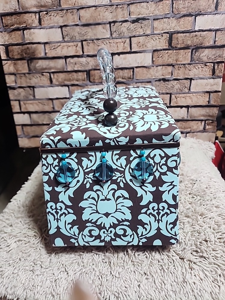 ST JANE LARGE CLOTH PADDED SEWING BOX W/BEADED HANDLE BROWN/TEAL RECTANGLE