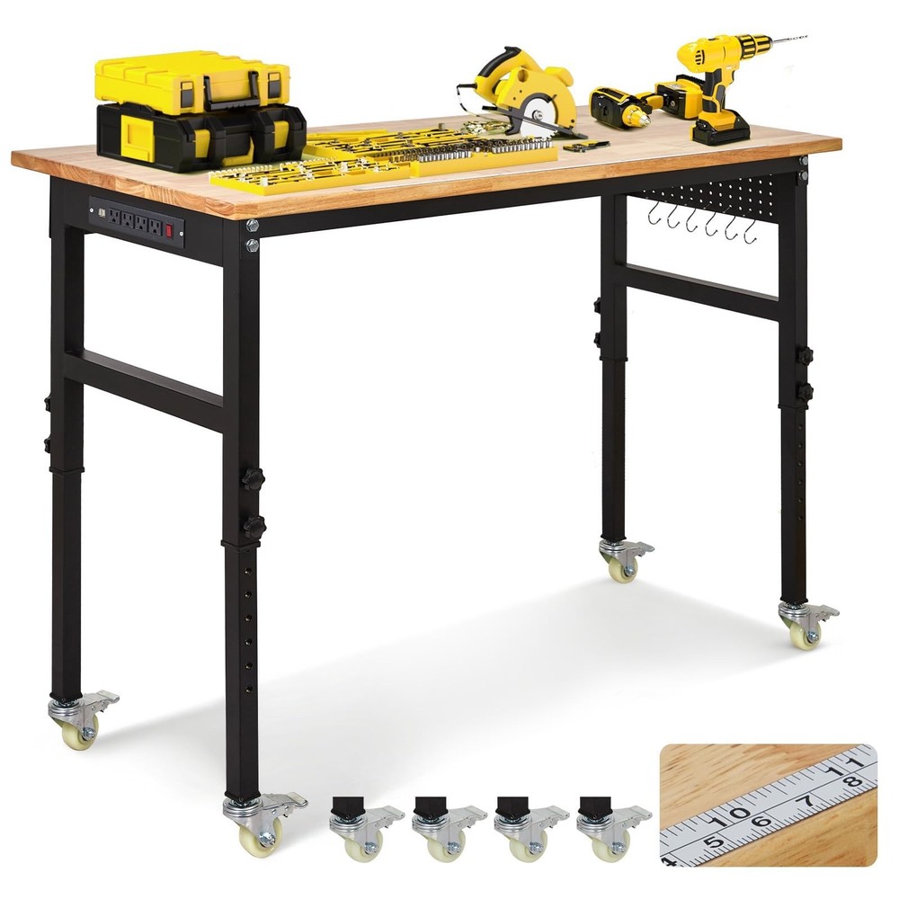 48" Adjustable Workbench, Heavy Duty Work Bench Table w/Pegboard & Power Outlets