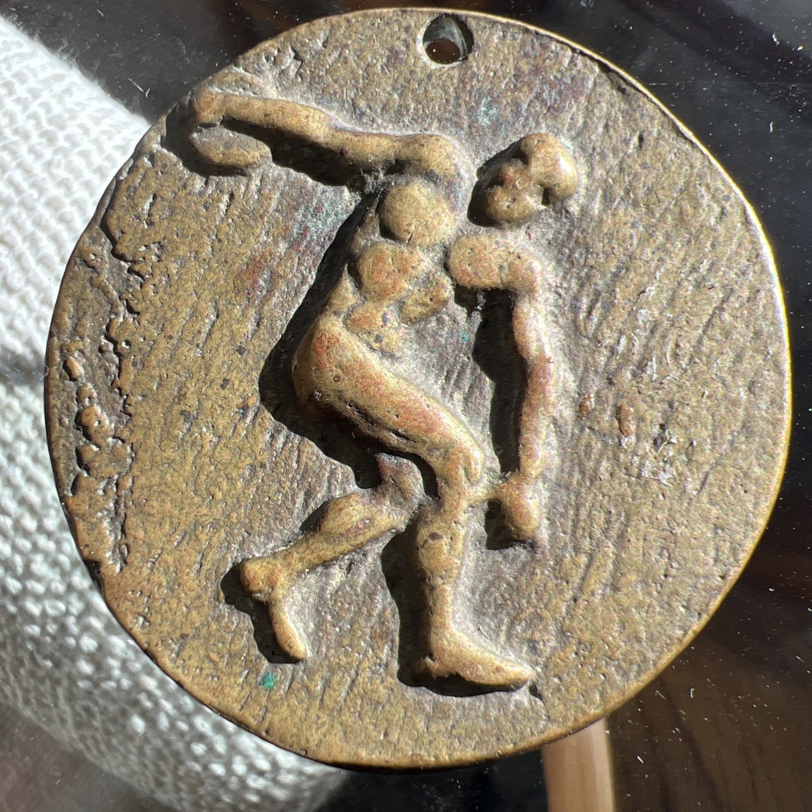 Modernist Greek Style Cast Coin Medallion Flute Player & Dancing Woman Discus