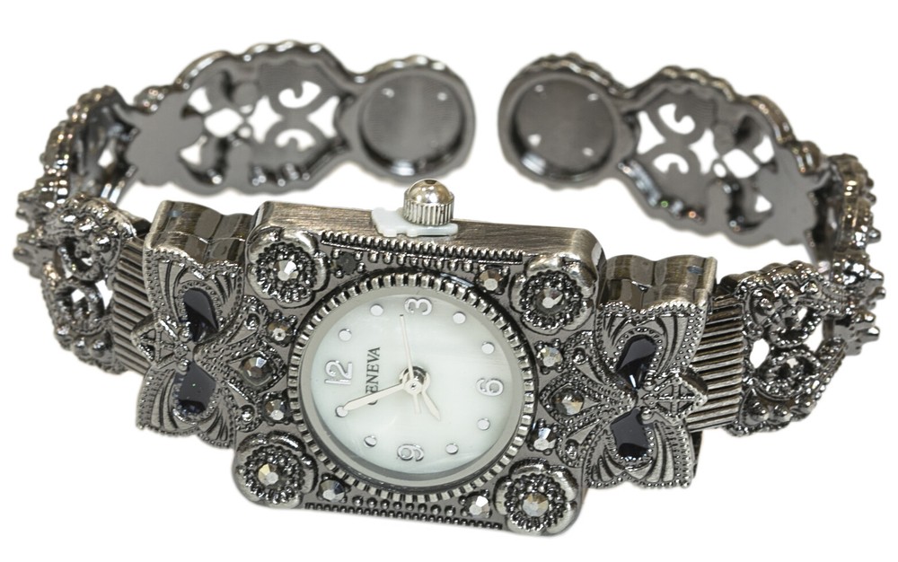 Blekon Collections Women's Antique Rectangular Case Marcasite Bangle Cuff Watch