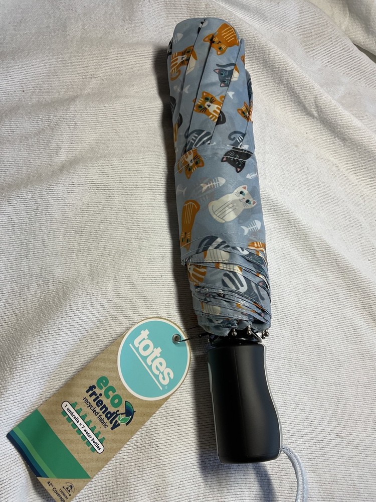 TOTES  BASIC WOMEN'S UMBRELLA GRAY CATS 42 INCH COVERAGE PUSH OPEN NWT