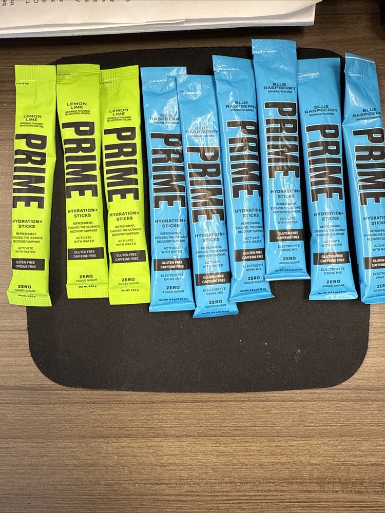 PRIME HYDRATION DRINK sticks 6 BLUE RASPBERRY & 3 Lemon Lime 9 packets